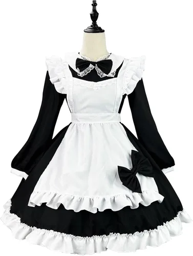 Vista 7 de Lindo vestido de Lolita de sirvienta para mujer, con ribete de encaje, manga larga, con volantes, delantal, vestido de cafetería, camarera, cosplay