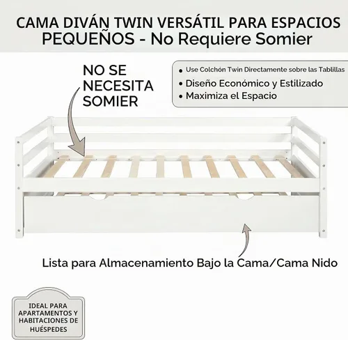 Vista 5 de Merax Sofá cama tamaño individual con nido, marco de sofá cama de madera maciza, color blanco
