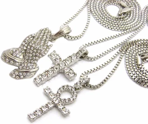 Vista 3 de Juego de 3 collares de cadena con colgante de mano de Jesús para hombre, cruz y tobillo