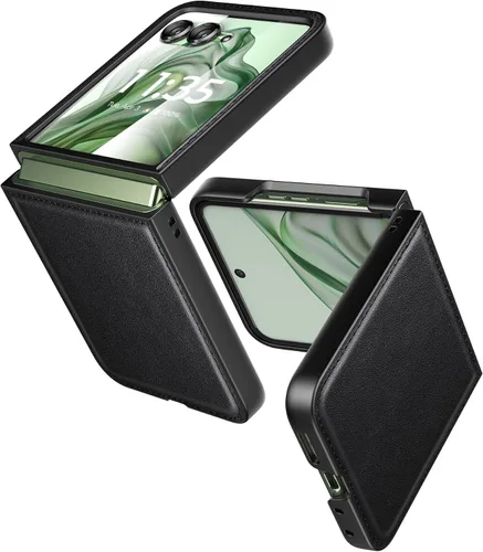 Vista 13 de Funda delgada de piel sintética para Motorola Razr Plus 2023, [cubierta frontal transparente + parte trasera de cuero duro de policarbonato] Marrón