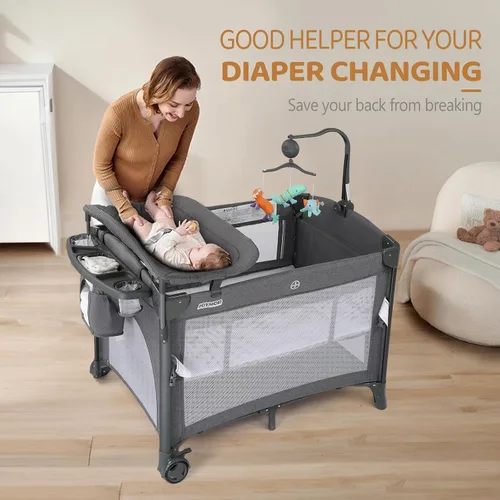 Vista 2 de Joymor Cama de noche para bebé, cambiador, moisés con colchón, cama plegable de viaje, con juguete, ruedas y freno, bolsa de transporte, para niños