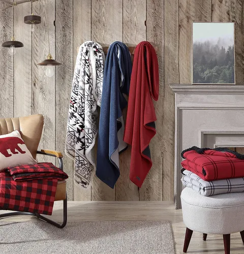 Vista 9 de Eddie Bauer - Manta decorativa de franela de algodón para hogar, ropa de cama reversible de sherpa para todas las estaciones, rojo y negro