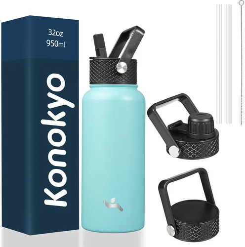 Vista 8 de Konokyo - Botella de agua aislada de 18 onzas, botellas deportivas de acero inoxidable con 3 tapas, verde militar