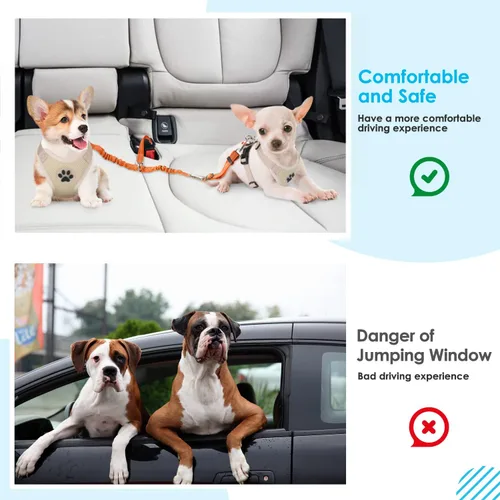 Vista 25 de SlowTon - Cinturón de seguridad doble para perro con amortiguador elástico ajustable Dual Dog Seatbelt Splitter for Two Dogs, Reflective, No