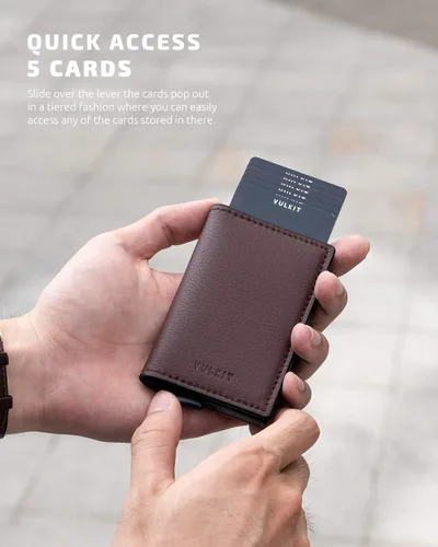 Vista 2 de VULKIT Tarjetero RFID Bloqueo de Cuero Automático Pop Up Cartera Aluminio Slim Pocket Tarjeta de Visita
