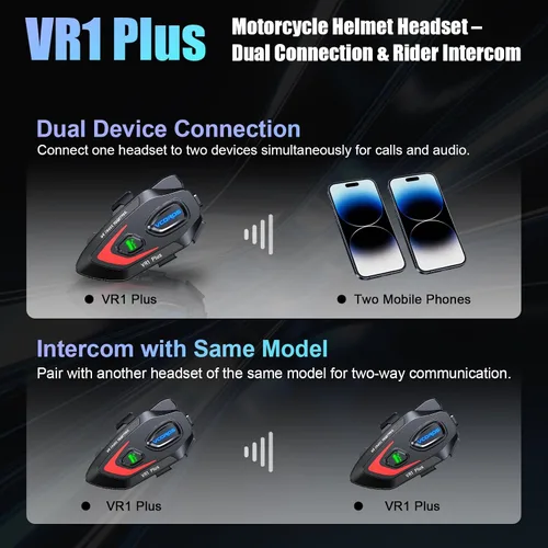 Vista 5 de VCOROS Auriculares para casco de motocicleta, intercomunicador de casco de 2 vías para 2 conductores, para compartir música, resistente al agua