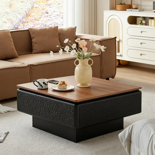 Vista 14 de SSLine Mesa de centro cuadrada con 4 cajones de almacenamiento, mesa de centro de madera negra de 33.2 pulgadas para sala de estar, mesas centrales