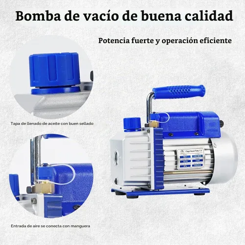 Vista 2 de Bomba de vacío de una sola etapa de 3.5CFM 1/4HP con manómetro múltiple de 3 vías para refrigeración HVAC, compatible con R12, R22, R134A, R502