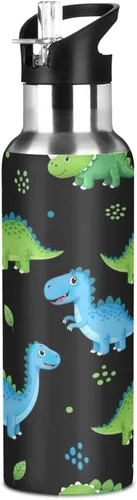Vista 8 de Insulated Stainless Steel Water Bottle with Straw 20 Oz, Leakproof Water Bottles for Gym Outdoor Travel School, Cartoon Dinosaurs Dot Black