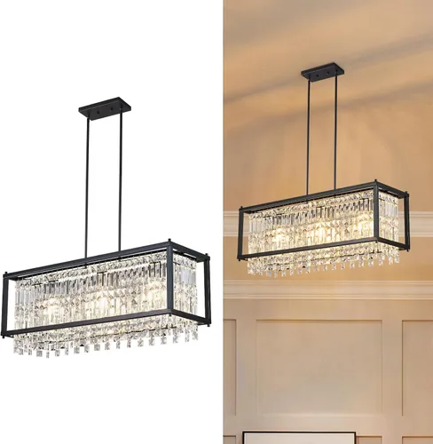 Vista 10 de LMQNINE Modernas lámparas colgantes negras para isla de cocina, lámpara de araña de cristal, iluminación colgante ajustable de granja para comedor