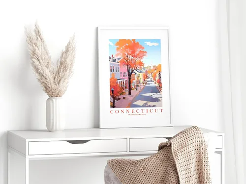 Vista 4 de ColorAndFlair Connecticut Travel Print Constitution State Souvenir CT Naturaleza, rosa, naranja, verde azulado, arte de pared, póster de paisaje