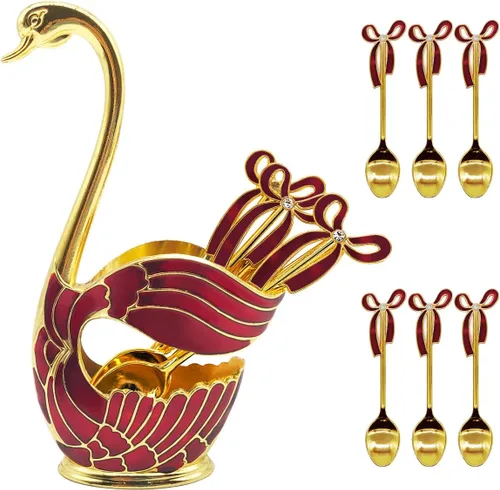 Vista 11 de Flylin Juego de cucharas de postre de café, soporte con base de cisne con 6 cucharas de helado, cucharaditas de café, postre y azúcar, cubiertos