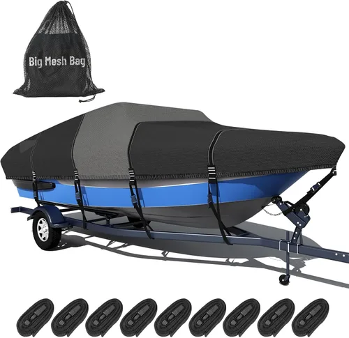 Vista 14 de Funda para barco 1600D + 1200D con bucles de 2 pulgadas de ancho para remolque y amarre, ultraduradera, impermeable, se adapta a Tri-Hull, V-Hull