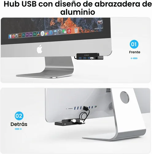 Vista 2 de ORICO Hub USB 3.0, Abrazadera de Hub USB, Divisor USB de Aluminio de 4 Puertos con Puerto de Fuente de Alimentación Adicional y Cable de Datos USB