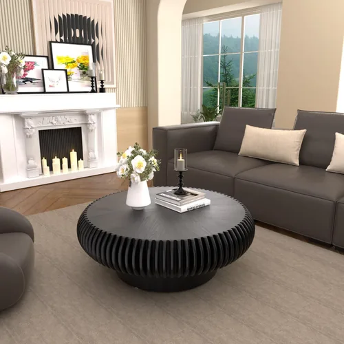 Vista 8 de Mesa de centro de tambor de 31.5 pulgadas, moderna y única, mesa de té acanalada, mesa de centro redonda de madera contemporánea con mesa central