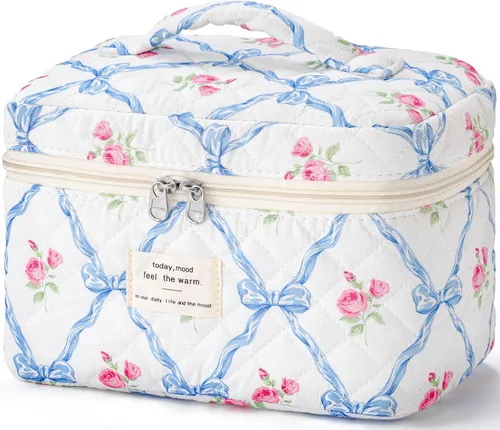 Vista 16 de HBselect Bolsa de Maquillaje Acolchada, Bolsa de Maquillaje Grande de Algodón para Viaje, Lindas Bolsas de Maquillaje con Flores Coquette, Bolsas