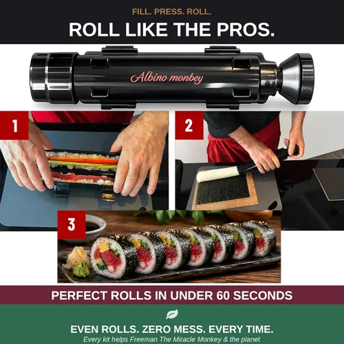 Vista 7 de Kit de fabricación de sushi de mono albino con bazuca, tapete de bambú y curso de sushi gratis Cuchillo Pro Sashimi, molde Nigiri y 5 pares