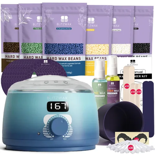 Vista 17 de BLITZWAX Kit de depilación brasileña y bikini para mujer, calentador de cera dura para cara, piernas y cuerpo, kit de depilación en casa, apto