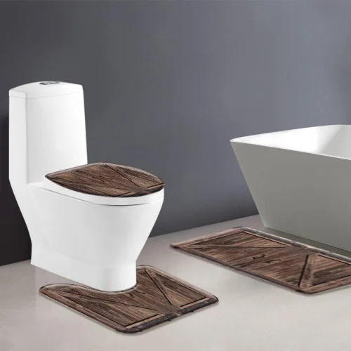 Vista 2 de 3 Piece Rustic Barn Door Bath Mat Sets Vintage Farmhouse Wooden Board Plank Retro Western Country Style 16"x24" Bathroom Rugs,Toilet Seat