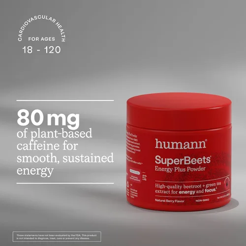 Vista 4 de Humann SuperBeets Energy Plus con extracto de semilla de uva, polvo de raíz de remolacha, extracto de té verde, cafeína, vitamina C, sin OMG, 5.87