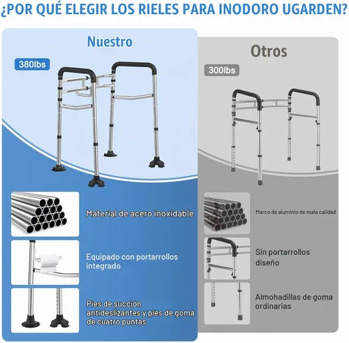 Vista 4 de Rieles de seguridad para inodoro, marco de inodoro ajustable de acero inoxidable con asas suaves y soporte para pañuelos, marco de seguridad