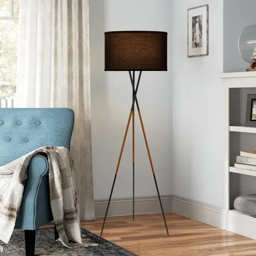 Vista 6 de Kira Home Sadie & Juno, RV-F5017-BKLR-BK Premium Black Linen Fabric Drum Shade, Stitched Faux Leather Leg Accents, Efficient 9W LED Bulb Included