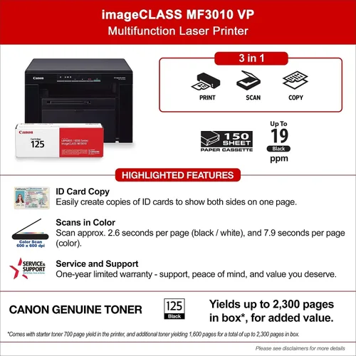 Vista 7 de Canon imageCLASS MF3010 VP - Impresora láser multifunción monocromática con cable con escáner, copiadora, cable USB incluido, rendimiento de tóner