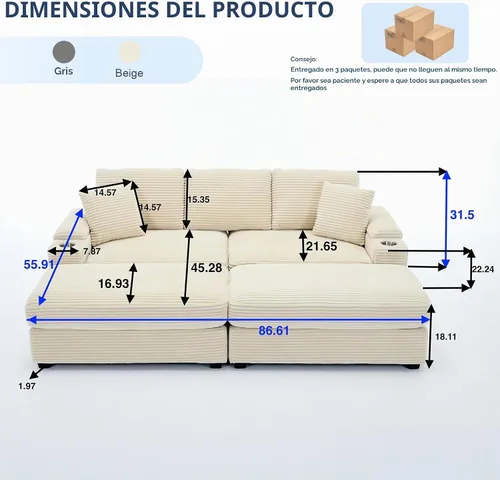 Vista 2 de Sofá seccional de 86.6 pulgadas con 2 otomanas, cómodo sofá convertible modular Cloud tapizado de pana con portavasos y USB, almacenamiento