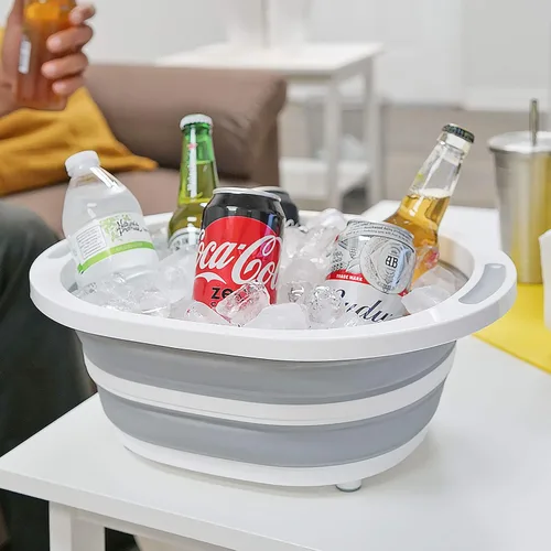 Vista 3 de Fregadero de cocina plegable, tabla de cortar portátil 2 en 1 y cesta plegable con drenaje, lavabo multiusos, gris y blanco