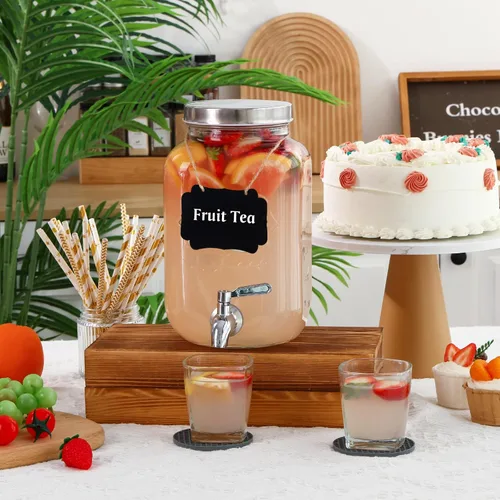 Vista 8 de Moretoes Dispensador de bebidas de vidrio de 1 galón para fiestas, dispensador de bebidas para jugo y té helado, tarro hermético de vidrio para té