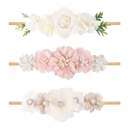 Vista 11 de Diadema floral de nailon para bebé, corona de flores, banda elástica para el cabello, 3 piezas, accesorios para el cabello, regalo para niñas, 2#