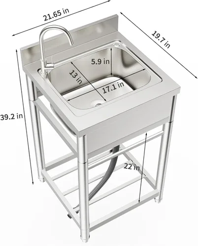 Vista 2 de ROOMTEC Juego de fregadero de acero inoxidable 304, fregadero de cocina de restaurante comercial, fregadero al aire libre con banco de trabajo