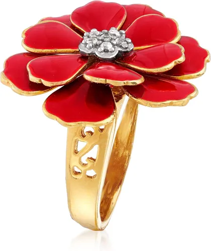 Vista 3 de Ross-Simons Italian Red Enamel Flower Ring in 18kt Gold Over Sterling