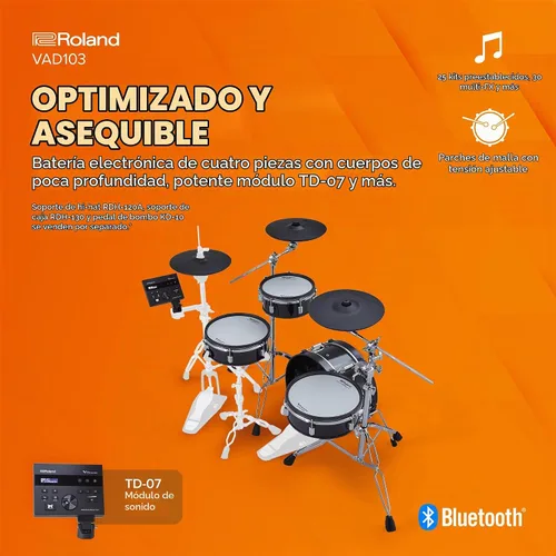 Vista 2 de Roland VAD103 V-Drums Kit de batería de diseño acústico electrónico de 4 piezas con carcasas de poca profundidad Conchas de poca profundidad