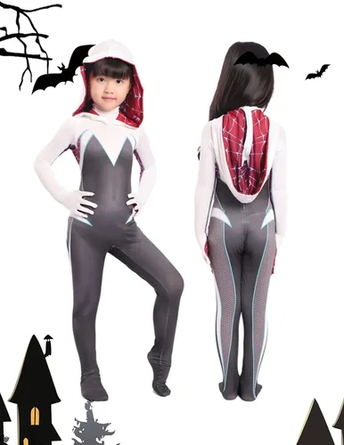 Vista 4 de waypool Disfraz de araña para niños, disfraz de superhéroe para Halloween, unisex, 3D, de elastano, con máscara, conjunto completo