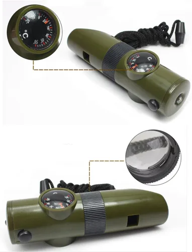 Vista 4 de TrendBox Multifuncional 7 en 1 camping senderismo silbato al aire libre con brújula lupa linterna LED termómetro para supervivencia de emergencia