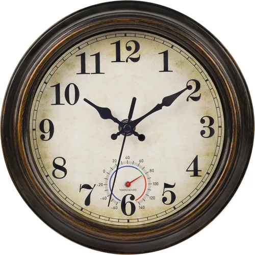 Vista 9 de Relojes para exteriores impermeables con termómetro, reloj de pared costero rústico para patio, piscina, jardín (12 pulgadas, azul)