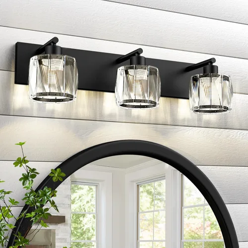 Vista 30 de VOLISUN Luces de Tocador de Cristal - 2 Luces Modernas de Acero Inoxidable para Baño Sobre Espejo, Acabado Cromado - Certificado UL