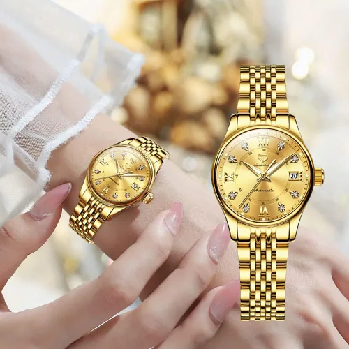 Vista 4 de OLEVS Relojes automáticos para mujer, mecánicos, cuerda automática, vestido de lujo, esfera de diamante, correa de acero inoxidable, impermeable