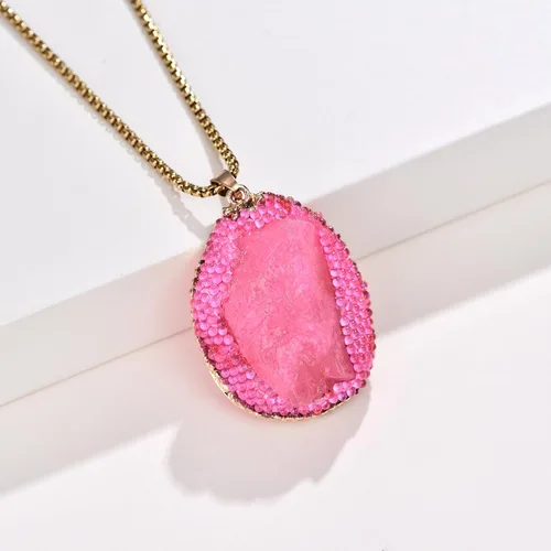 Vista 2 de Collar con colgante rosa de imitación de piedra Drusy rosa, piedra preciosa rosa para niña, regalos de boda para aniversario, día de la madre, día