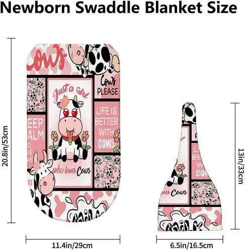 Vista 2 de Juego de mantas para recién nacido con gorro de Who Love Cows, manta de recepción para recién nacido para niño y niña, saco de envolver para ducha