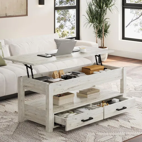 Vista 11 de FABATO Mesa auxiliar elevable de 41.7 pulgadas con 2 cajones de almacenamiento con compartimento oculto, estante de almacenamiento abierto para sala