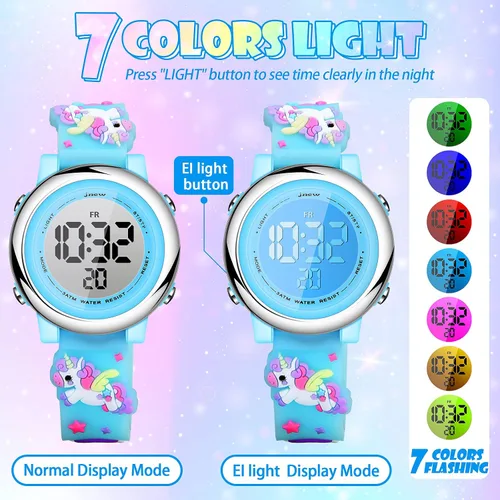 Vista 3 de 2 Pieces Kids Unicorn Watch Toddler Watch and Silicone Wristband Cute 3D Kids Digital Watch Waterproof 7 Color Lights Watch with Alarm Stopwatch
