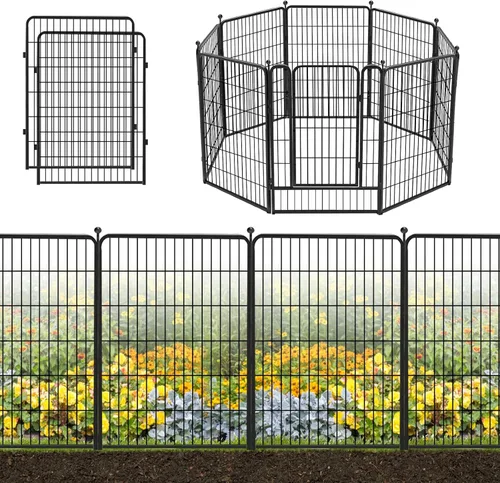 Vista 23 de Valla decorativa de metal negro para jardín con puerta, 4.5 pies de largo x 32 pulgadas de alto, 2 paneles de valla sin excavación, valla de barrera