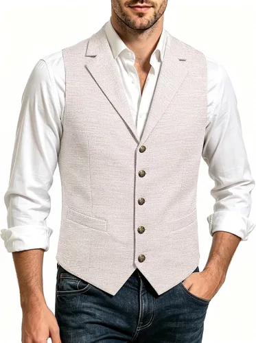 Vista 2 de Hi-Tie Chaleco de lana con solapa de muesca para hombre, chaleco individual C champaña