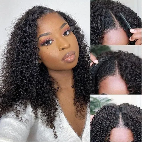 Vista 11 de Peluca de cabello humano rizado rizado con parte en V para mujeres negras, en forma de V, sin dejar fuera, sin pegamento, 14 pulgadas
