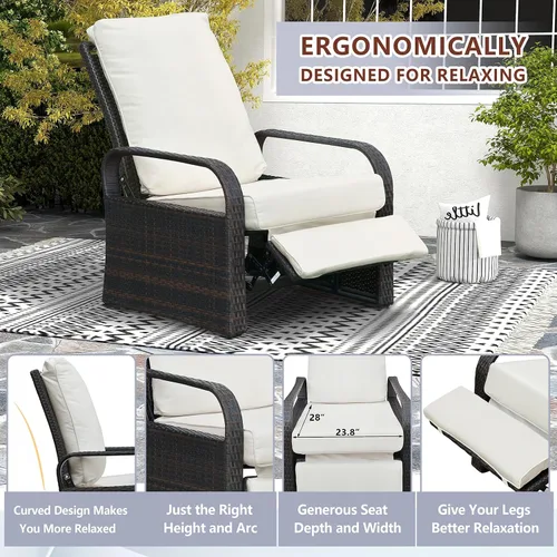 Vista 5 de Silla reclinable de aire libre para patio, resina de mimbre con cojines amortiguadores, auto ajustable, sofá de ratán, UV/Fade/Resistente al Mimbre