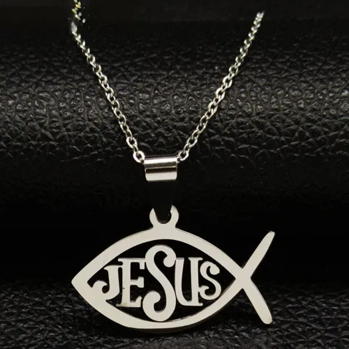 Vista 2 de KOOLKING - Collar de cadena de acero inoxidable para mujer, color plateado, collar de declaración de Jesús, joyería de acero inoxidable