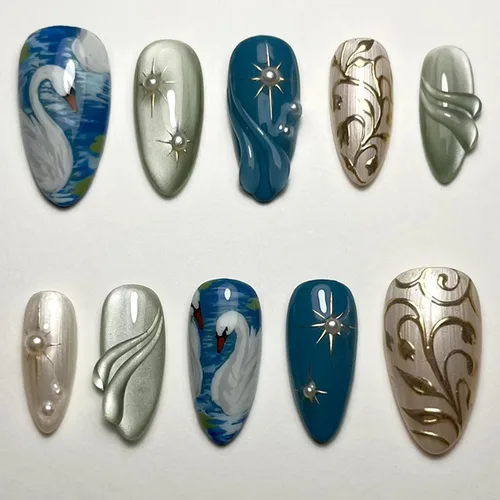 Vista 33 de 24 piezas de uñas postizas de punta francesa a presión, uñas postizas medianas en forma de almendra con diseño de ondas azul oscuro, uñas postizas