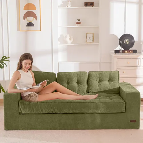 Vista 12 de MAXYOYO Sofá de 3 Plazas sin Estructura, Sofá Moderno Acolchado para Sala de Estar, Sillón Suave Tipo Puf de Espuma de Alta Densidad con Almohadas